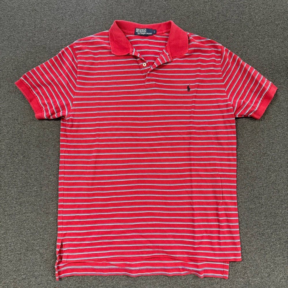 Vintage Polo Ralph Lauren Striped Polo Mens L Red Good Short Sleeve Pony Logo